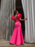 Mermaid skirt fuchsia evening gown with high slit