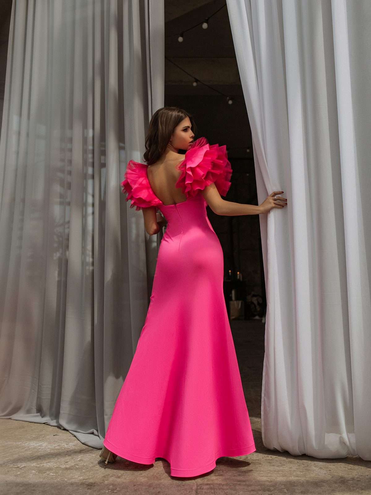 Mermaid skirt fuchsia evening gown with high slit